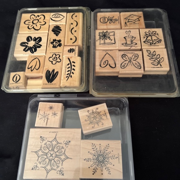 Stampin Up 3 Sets MISC Themed Stamps 25 Total Stamps Wood Mounted Used.
Bin M